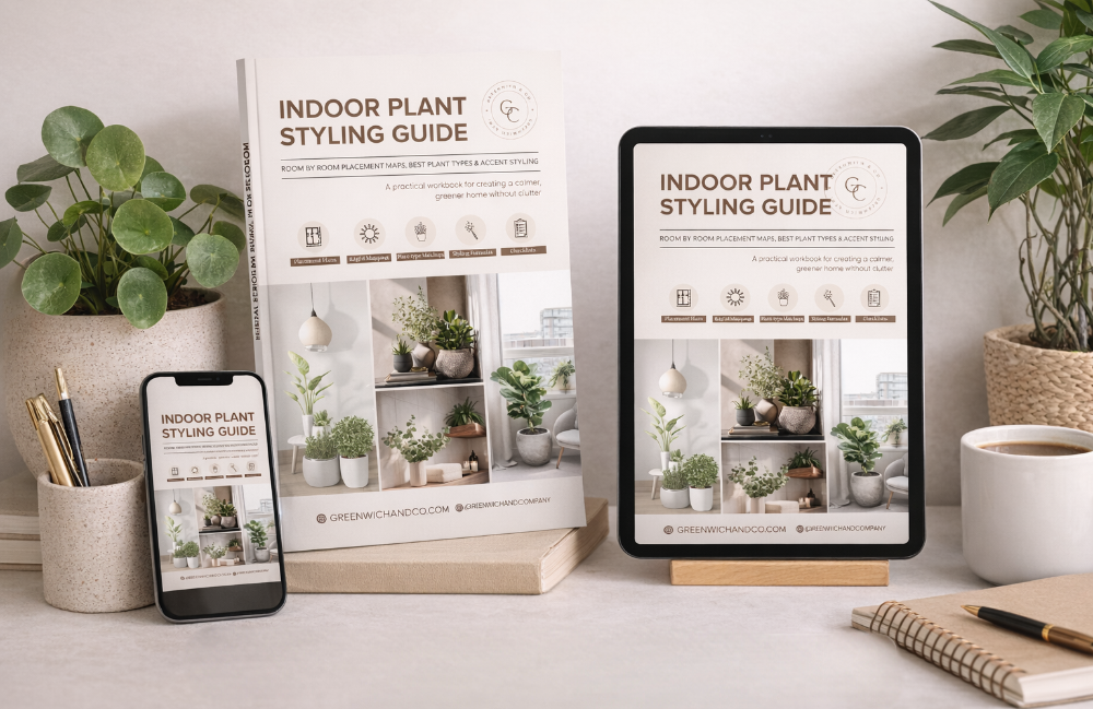 Indoor plant styling guide on a desk with tablet, smartphone, and plants.