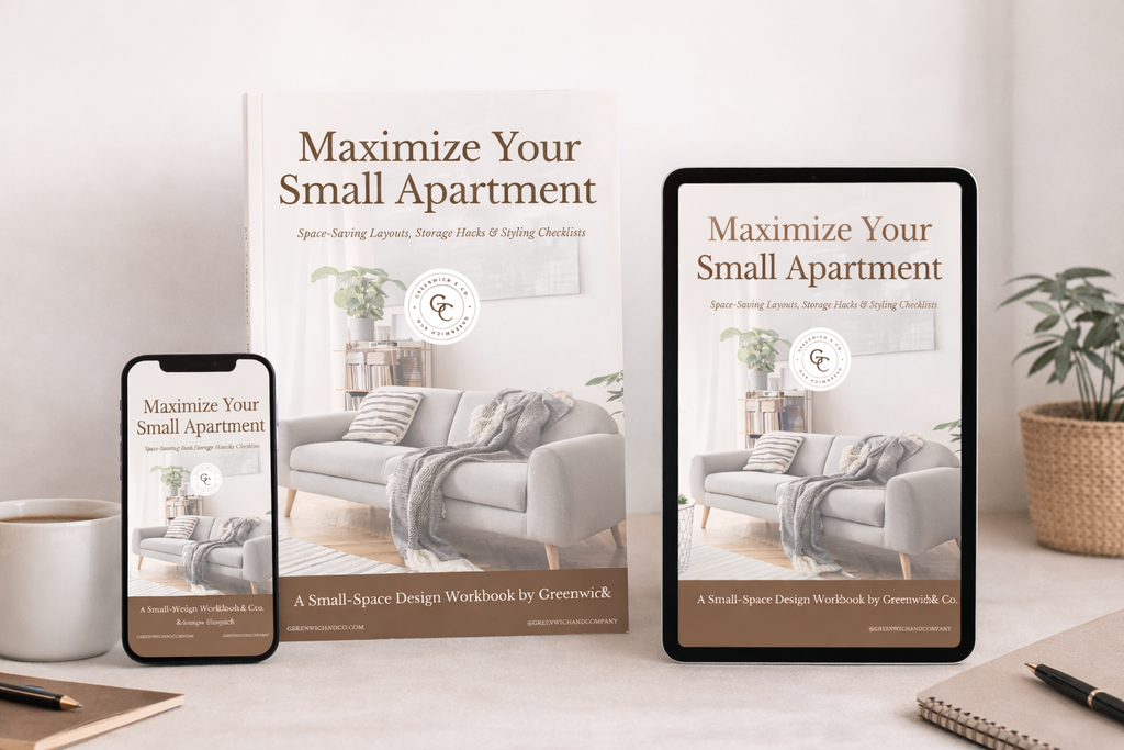 A digital workbook titled "Maximize Your Small Apartment" shown on a tablet and smartphone screen, alongside the printed version of the book standing upright on a tabletop. The scene includes a coffee mug, notebook, and potted plant in a styled interior setting.