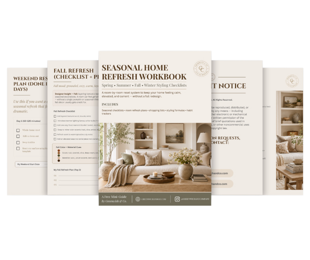 A set of interior design planner and workbook pages displayed in a fan-like layout. The central sheet is titled 'Seasonal Home Refresh Workbook' with a beige and brown design, featuring a living room photo and checklist sections.